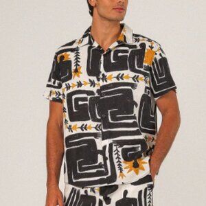 Riachuelo Incerti Tropical Print Button Down Shirt L Black Gold Vacation Resort
